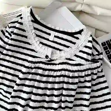 夏芬妍 时尚百搭经典条纹圆领开衫家居服舒适亲肤休闲短袖短裤可外穿睡衣套装 女款 黑色