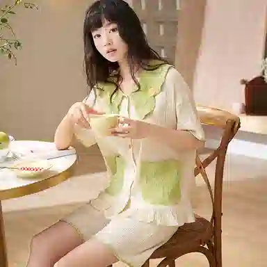 夏芬妍 甜美柔软舒适小凤梨云朵棉公主翻领家居服亲肤休闲短袖短裤可外穿睡衣套装 女款 杏绿色
