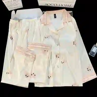 夏芬妍 简约休闲高级感法斗冰丝翻领带胸垫家居服舒适亲肤宽松长袖长裤可外穿睡衣套装 女款 杏色