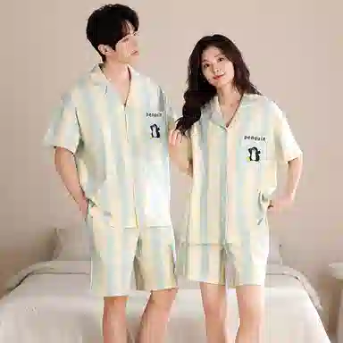 夏芬妍 简约舒适柔软条纹卡通英文纯棉翻领家居服透气亲肤宽松短袖短裤可外穿睡衣套装 男女同款