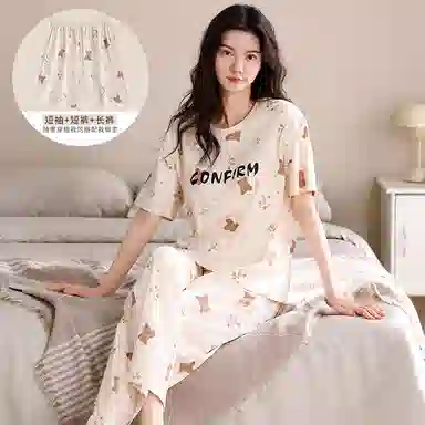夏芬妍 简约舒适柔软碎花小熊纯棉家居服透气亲肤宽松短袖圆领套头三件套可外穿睡衣套装 女款 杏色