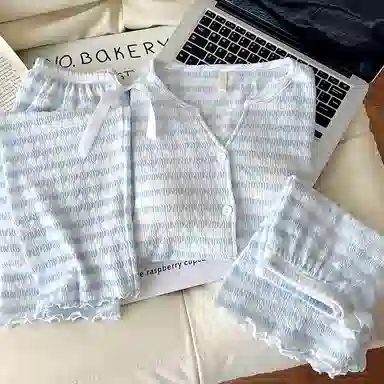 夏芬妍 舒适百搭条纹带胸垫开衫家居服亲肤休闲短袖时尚可外穿睡衣套装 女款 蓝色