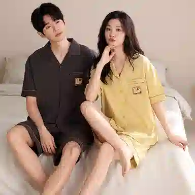夏芬妍 简约舒适柔软纯色卡通兔子纯棉翻领家居服透气亲肤宽松短袖短裤可外穿睡衣套装 男女同款