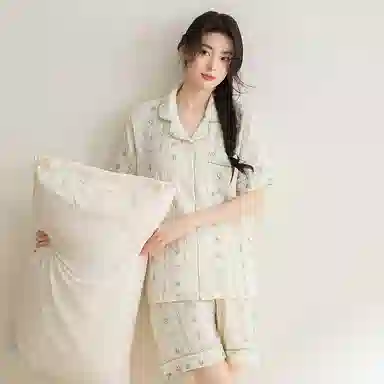 夏芬妍 甜美可爱卡通婴儿棉双层纱翻领短袖短裤家居服简约休闲可外穿睡衣套装 女款