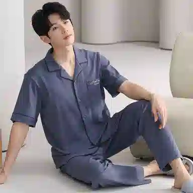 夏芬妍 简约舒适纯色纯棉翻领家居服亲肤宽松休闲短袖短裤长裤三件套时尚可外穿睡衣套装 男款 黛蓝色