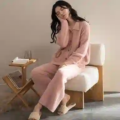 夏芬妍 时尚半边绒家居服开衫保暖蓄温舒适长袖长裤可外穿睡衣套装 女款 粉色