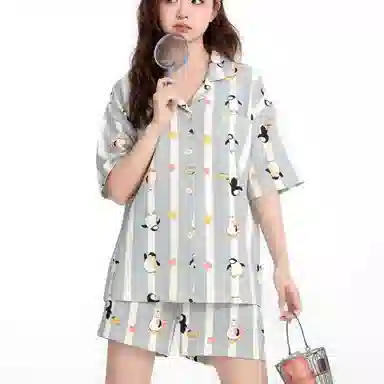 夏芬妍 甜美休闲舒适时尚条纹企鹅纯棉翻领家居服亲肤宽松短袖短裤可外穿睡衣套装 女款 蓝色