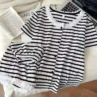 夏芬妍 时尚百搭经典条纹圆领开衫家居服舒适亲肤休闲短袖短裤可外穿睡衣套装 女款 黑色