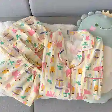 夏芬妍 柔软舒适卡通游乐小象云朵棉翻领开衫家居服亲肤休闲短袖三件套时尚可外穿夏季睡衣套装 女款