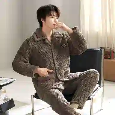夏芬妍 简约休闲风舒适亲肤翻领贴袋开衫三层夹棉家居服加厚保暖蓄温长袖长裤可外穿秋冬款睡衣套装 男款 深褐色