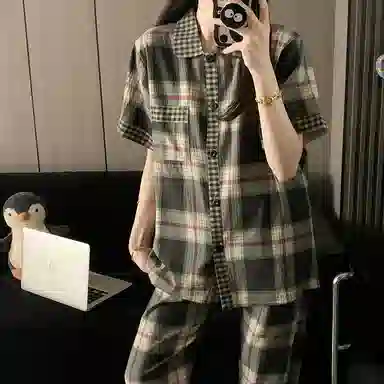 夏芬妍 柔软舒适经典格子云朵棉翻领开衫家居服亲肤休闲短袖三件套时尚可外穿夏季睡衣套装 男女同款