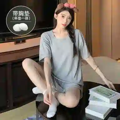 夏芬妍 柔软舒适慵懒风纯色圆领家居服亲肤休闲带胸垫短袖短裤时尚可外穿睡衣套装 女款 浅灰色