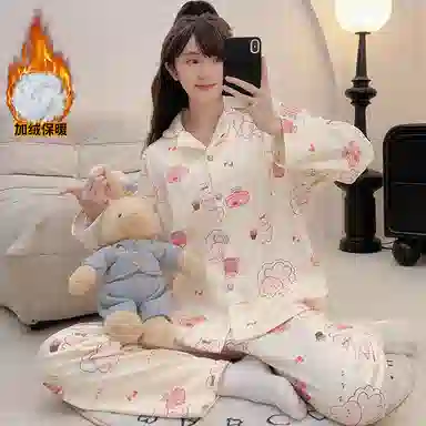 夏芬妍 舒适亲肤幸运兔满印德绒家居服加绒加厚保暖蓄温长袖长裤可外穿秋冬款睡衣礼盒 女款 杏色