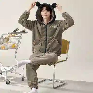 夏芬妍 简约时尚亲肤卡通连帽贵妃绒家居服加绒加厚保暖舒适可外穿秋冬款睡衣套装 男款 海鸥灰