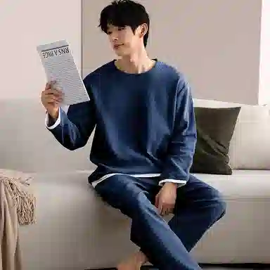 夏芬妍 时尚简约亲肤拼接色纯棉华夫格圆领套头家居服舒适休闲长袖长裤可外穿春秋款睡衣套装 男款 蓝色