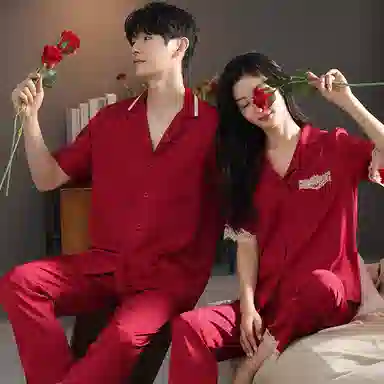 夏芬妍 大红喜庆系列  舒适丝滑柔软结婚本命年翻领冰丝家居服休闲长袖长裤短袖短裤可外穿睡衣套装 男女同款