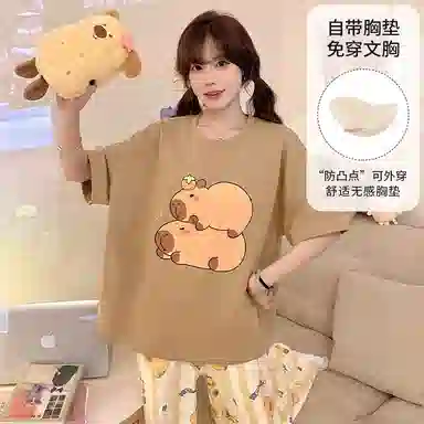 夏芬妍 柔软舒适休闲圆领条纹趴趴狗带胸垫短袖长裤时尚可外穿家居服 睡衣套装 女款 浅棕色