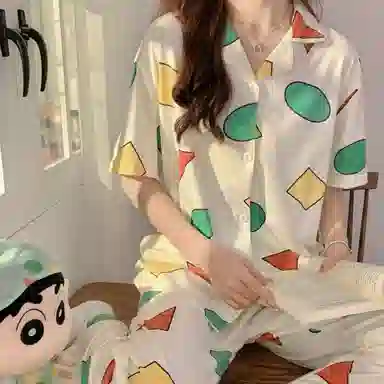 夏芬妍 简约舒适卡通几何图案翻领家居服亲肤宽松休闲短袖短裤长裤三件套可外穿睡衣套装 女款 杏黄色