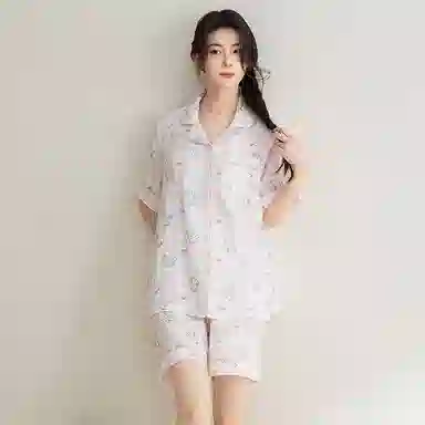 夏芬妍 甜美可爱卡通婴儿棉双层纱翻领短袖短裤家居服简约休闲可外穿睡衣套装 女款