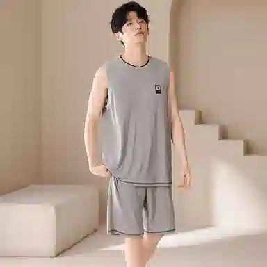 夏芬妍 简约时尚柔软亲肤纯色圆领背心短裤家居服休闲可外穿夏睡衣套装 男款