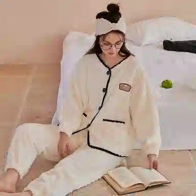 夏芬妍 休闲舒适宽松时尚贴袋开衫家居服加绒加厚保暖蓄温长袖长裤可外穿秋冬款睡衣套装 女款 杏色