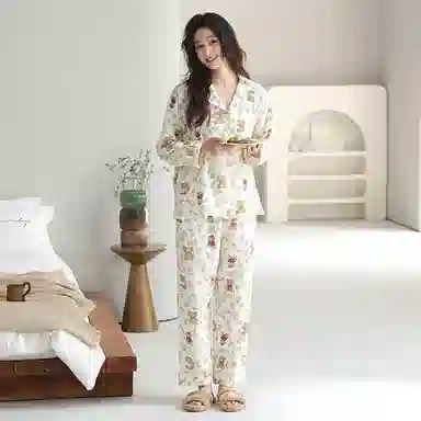 夏芬妍 休闲舒适小熊碎花满印婴儿棉翻领开衫家居服柔软亲肤可外穿长袖长裤睡衣套装 女款 杏色