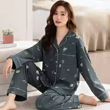 夏芬妍 亲肤舒适翻领家居服简约休闲长袖长裤可外穿睡衣套装 女款 藏蓝色