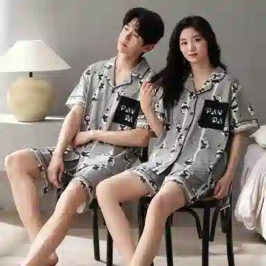 夏芬妍 简约舒适柔软爬树熊猫纯棉翻领家居服透气亲肤宽松短袖短裤可外穿睡衣套装 男女同款