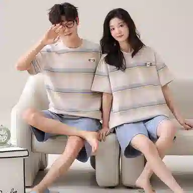 夏芬妍 柔软舒适条纹纯棉圆领家居服休闲舒适短袖时尚可外穿睡衣套装 男女同款
