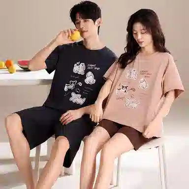 夏芬妍 简约柔软舒适可爱萌狗纯棉圆领家居服透气亲肤宽松短袖短裤可外穿睡衣套装 男女同款