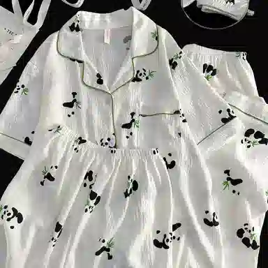夏芬妍 柔软舒适卡通竹叶熊猫云朵棉翻领开衫家居服亲肤休闲短袖三件套时尚可外穿睡衣套装 女款 杏色