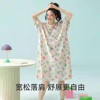 夏芬妍 柔软舒适透气亲肤萌宠油画圆领睡衣家居服休闲宽松凉感短袖时尚可外穿睡裙 女款 杏色