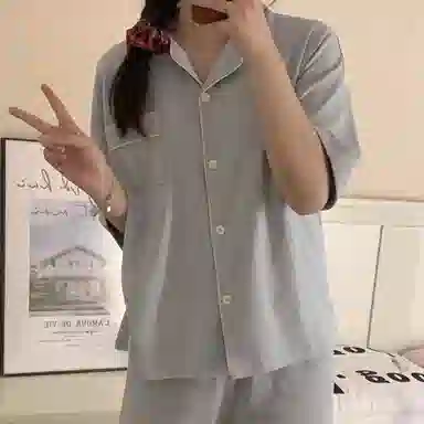 夏芬妍 简约休闲舒适时尚纯色纯棉翻领家居服亲肤宽松短袖短裤可外穿睡衣套装 女款