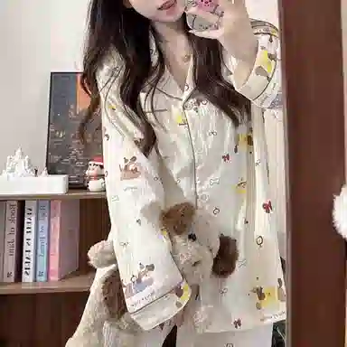 夏芬妍 柔软舒适萌狗乐园云朵棉开衫家居服亲肤休闲长袖长裤可外穿春秋款睡衣套装 女款 杏色