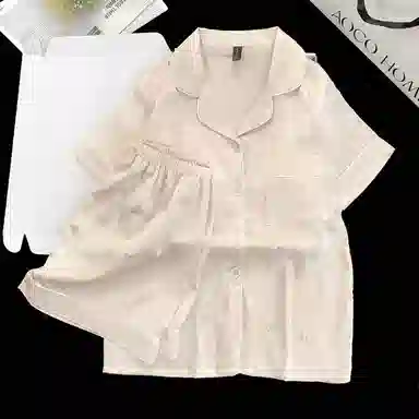 夏芬妍 舒适高级感法斗烫银冰丝翻领亲肤宽松凉感短袖三件套时尚简约带胸垫可外穿家居服睡衣套装 女款