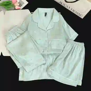 夏芬妍 舒适高级感法斗烫银冰丝翻领亲肤宽松凉感短袖三件套时尚简约带胸垫可外穿家居服睡衣套装 女款