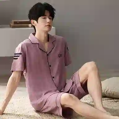 夏芬妍 简约舒适柔软字母提花云朵棉翻领开衫家居服亲肤休闲短袖短裤时尚可外穿睡衣套装 男款 紫粉色