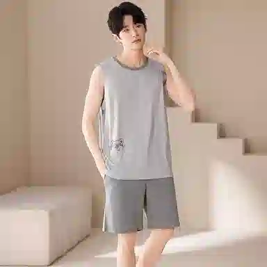 夏芬妍 简约时尚柔软亲肤纯色圆领背心短裤家居服休闲可外穿夏睡衣套装 男款