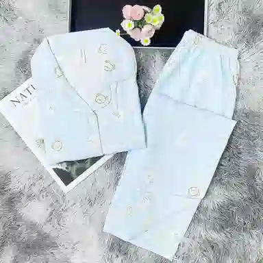 夏芬妍 简约卡通满印圆点小熊翻领云朵棉短袖长裤家居服可爱舒适休闲可外穿睡衣套装 女款 蓝色