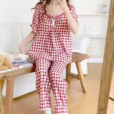 夏芬妍 甜美公主风复古格子云朵棉带胸垫短袖长裤家居服可爱舒适休闲可外穿睡衣套装 女款 红色