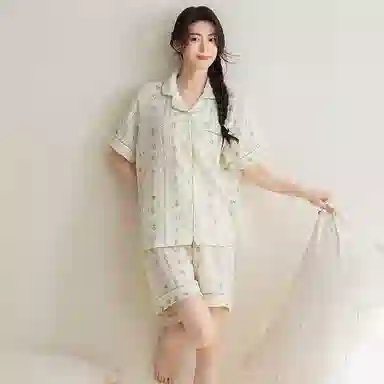 夏芬妍 甜美可爱卡通婴儿棉双层纱翻领短袖短裤家居服简约休闲可外穿睡衣套装 女款