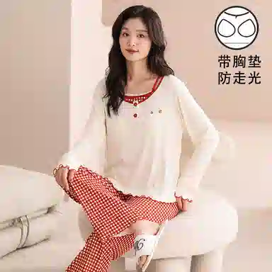 夏芬妍 时尚舒适柔软甜美假两件格子带胸垫家居服简约休闲亲肤宽松长袖长裤可外穿睡衣套装 女款 红色