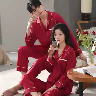 夏芬妍 大红喜庆系列  柔软舒适丝滑结婚本命年翻领冰丝家居服休闲长袖长裤短袖短裤可外穿睡衣套装 男女同款