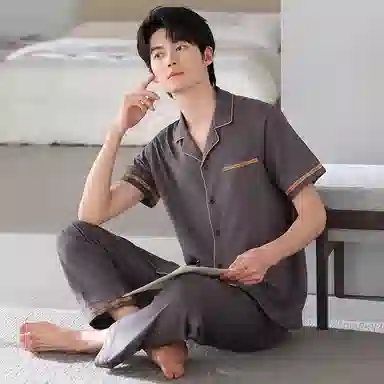 夏芬妍 简约时尚大方柔软舒适纯色字母边翻领家居服亲肤休闲短袖长裤可外穿睡衣套装 男款