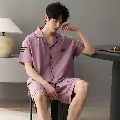 夏芬妍 简约舒适柔软字母提花云朵棉翻领开衫家居服亲肤休闲短袖短裤时尚可外穿睡衣套装 男款 紫粉色