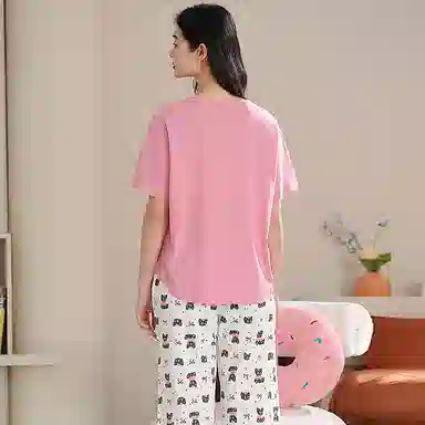夏芬妍 简约大方柔软蝴蝶结猫咪圆领家居服亲肤休闲舒适短袖七分裤可外穿睡衣套装 女款 粉色