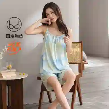 夏芬妍 甜美多巴胺晕染舒适亲肤宽松凉感吊带短裤休闲带胸垫可外穿家居服睡衣套装 女款