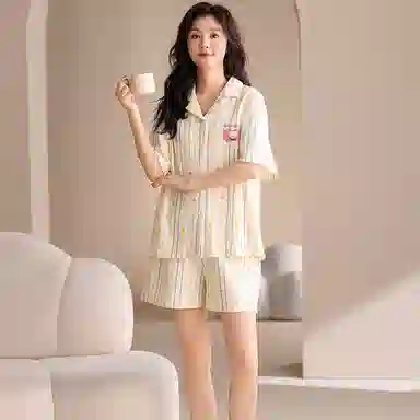 夏芬妍 甜美可爱条纹爱心小熊舒适亲肤宽松短袖短裤时尚翻领可外穿家居服睡衣套装 女款 杏色