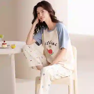 夏芬妍 简约舒适柔软爱心蝴蝶结樱桃纯棉家居服透气亲肤宽松短袖圆领套头三件套可外穿睡衣套装 女款 杏色