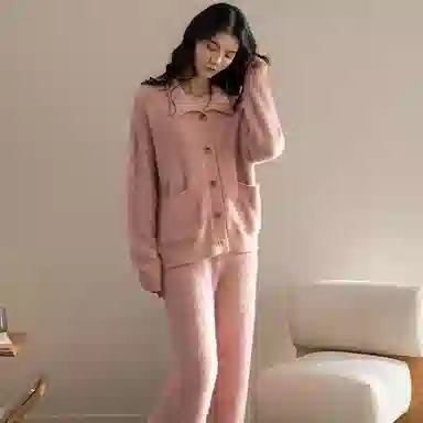 夏芬妍 时尚半边绒家居服开衫保暖蓄温舒适长袖长裤可外穿睡衣套装 女款 粉色